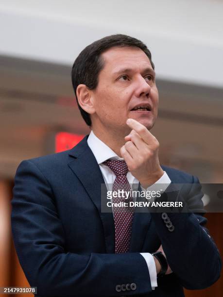 French Director General of the Treasury Bertrand Dumont speaks while gathering for a group photo of the World Bank Group and Heads of Shareholder...