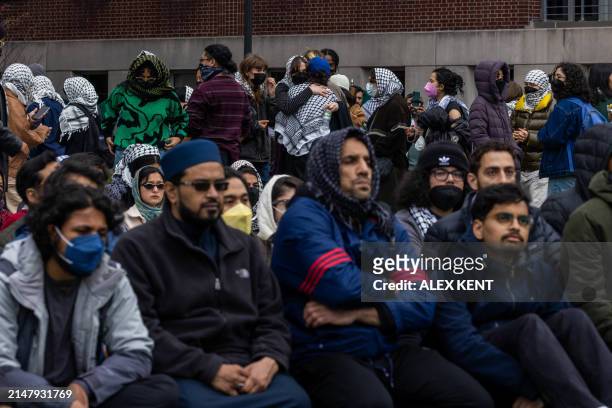 Students occupy the campus ground of Columbia University in support of Palestinians, in New York City, on April 19, 2024. Officers cleared out a...