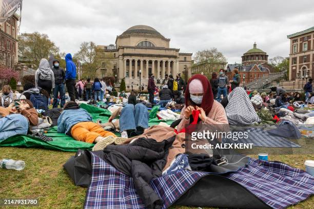 Students occupy the campus ground of Columbia University in support of Palestinians, in New York City, on April 19, 2024. Officers cleared out a...