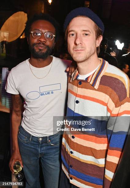 Omari Douglas and Arthur Darvill attend the press night performance of "Boys On The Verge Of Tears" at The Soho Theatre on April 19, 2024 in London,...