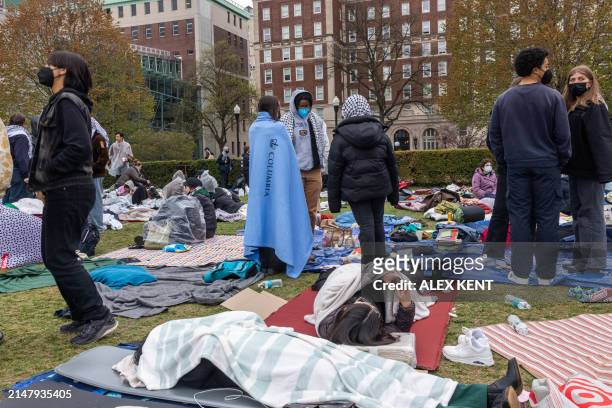Pro-Palestinian students and activists camp out on the campus of Columbia University in New York City on April 19, 2024. Police arrested more than...