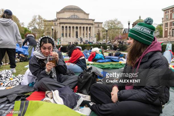 Pro-Palestinian students and activists camp out on the campus of Columbia University in New York City on April 19, 2024. Police arrested more than...