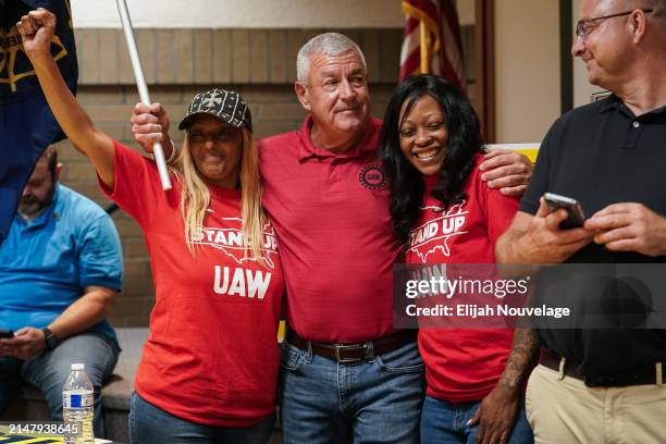 Local labor organizers celebrate at a United Auto Workers vote watch party on April 19, 2024 in Chattanooga, Tennessee. With over 51% of workers...