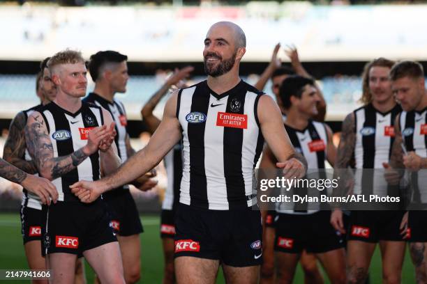 Steele Sidebottom of the Magpies leaves the field after a win during the 2024 AFL Round 06 match between the Collingwood Magpies and the Port...