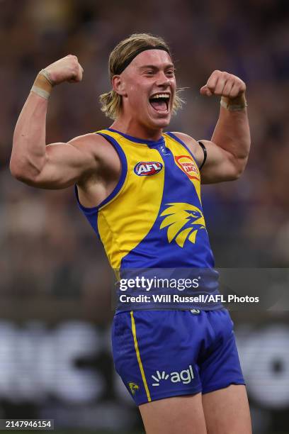 Harley Reid of the Eagles celebrates after scoring a goal during the 2024 AFL Round 06 match between the West Coast Eagles and the Fremantle Dockers...
