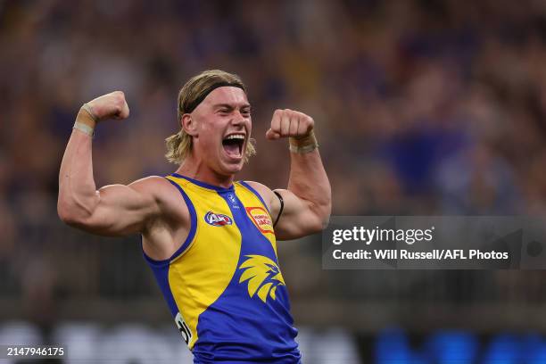 Harley Reid of the Eagles celebrates after scoring a goal during the 2024 AFL Round 06 match between the West Coast Eagles and the Fremantle Dockers...