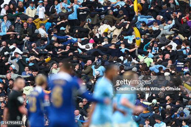 Manchester City fans perform the Poznan celebration during the Emirates FA Cup Semi Final match between Manchester City and Chelsea at Wembley...