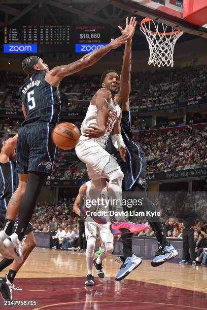 Donovan Mitchell of the Cleveland Cavaliers passes the ball during Round 1 Game 1 of the 2024 NBA Playoffs against the Orlando Magic on April 20,...