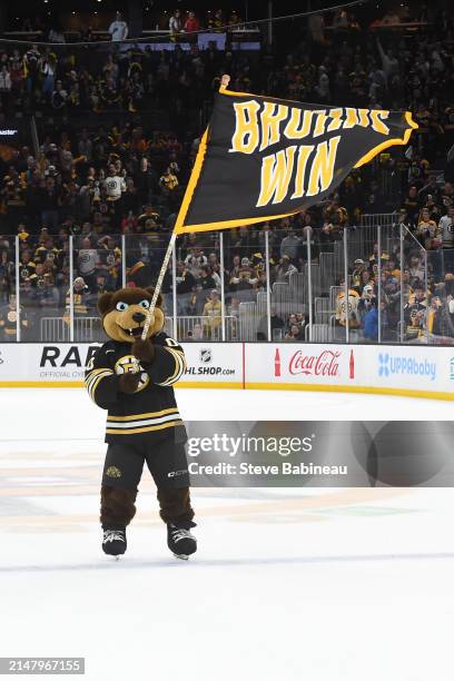 Mascot Blades of the Boston Bruins waves a flag after the win against the Toronto Maple Leafs in Game One of the First Round of the 2024 Stanley Cup...