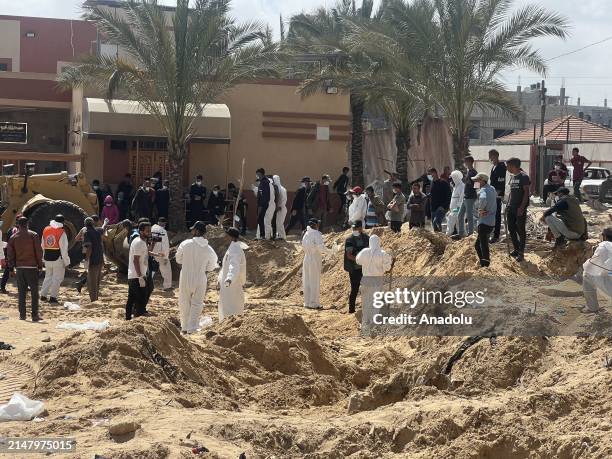 Civil Defense teams uncovers bodies buried in mass grave at Nasser Hospital in Khan Younis, Gaza on April 21, 2024. The Palestinian Civil Defense...