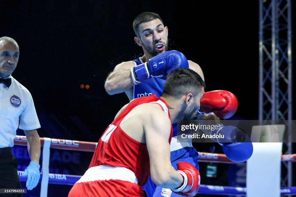 Turkish Boxing Yigit Us of Turkiye competes against Nazif Sejdi of Serbia during the ...