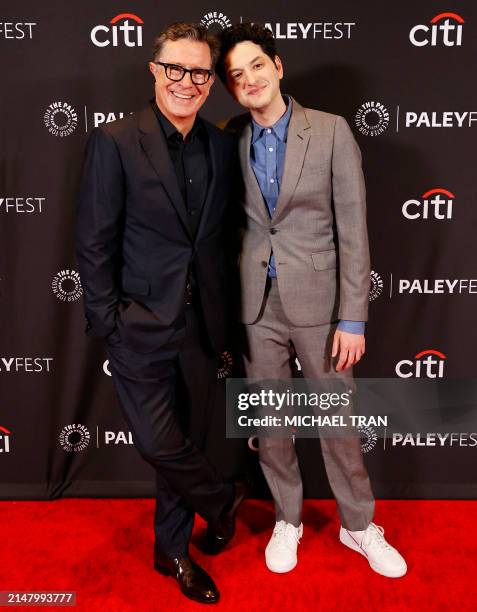 Television host Stephen Colbert and US actor Ben Schwartz arrive for the PaleyFest LA screening of "The Late Show with Stephen Colbert" at the Dolby...