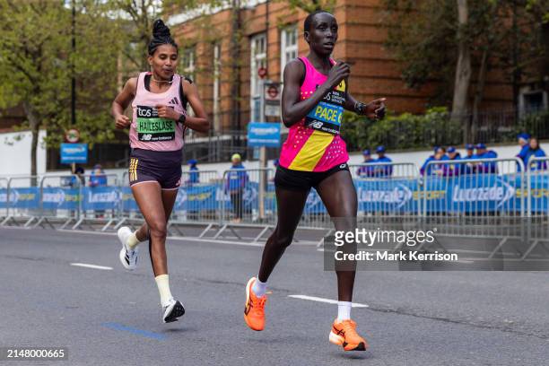 Tsige Haileslase of Ethiopia competes in the Elite Women's Race at the London Marathon on 21st April 2024 in London, United Kingdom. She finished...