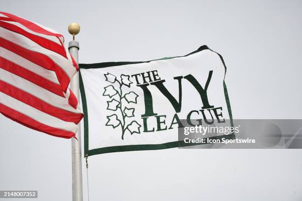 Flag with the Ivy League logo waves in the wind during the college lacrosse game between the Princeton Tigers and the Brown Bears on April 13, 2024...