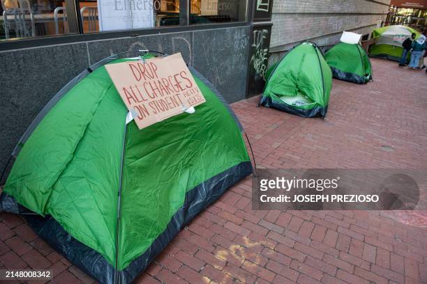 Students at Emerson College supporting Palestine sleep in tents in an encampment they set up in an alley off of Boylston street in Boston,...