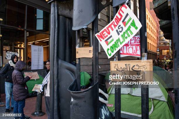 Students at Emerson College supporting Palestine stand by an encampment they set up in an alley off of Boylston street in Boston, Massachusetts on...