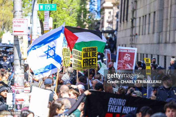 Pro-Palestinian and Pro-israel face off in front of the entrance of Columbia University which is occupied by Pro-Palestinian protesters in New York...