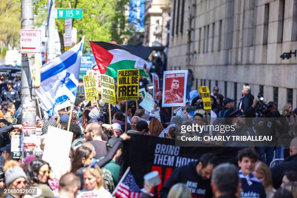 Pro-Palestinian and Pro-israel face off in front of the entrance of Columbia University which is occupied by Pro-Palestinian protesters in New York...