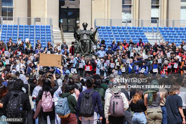 People rally inside the Columbia University which is occupied by pro-Palestinian protesters in New York on April 22, 2024. US President Joe Biden...