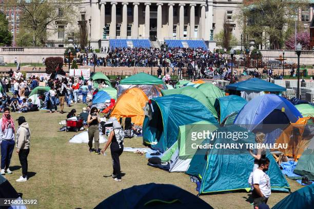 People rally and camp inside the Columbia University which is occupied by pro-Palestinian protesters in New York on April 22, 2024. US President Joe...