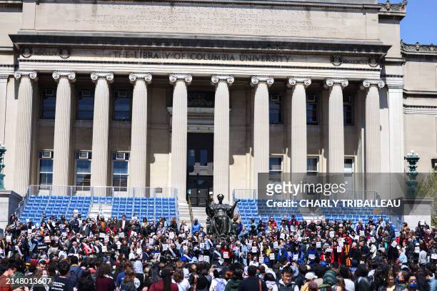 People rally inside the Columbia University which is occupied by pro-Palestinian protesters in New York on April 22, 2024. US President Joe Biden...
