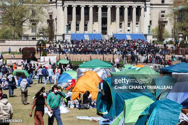 People rally and camp inside the Columbia University which is occupied by pro-Palestinian protesters in New York on April 22, 2024. US President Joe...