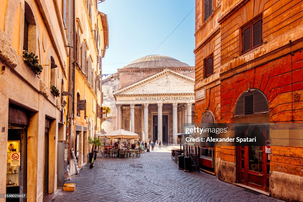 Pantheon seen through the streets of Rome old town on a sunny day, Italy