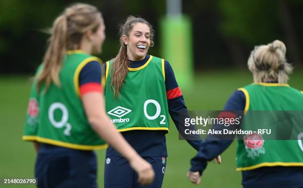 Holly Aitchison reacts during a England Red Roses Training Session at Pennyhill Park on April 09, 2024 in Bagshot, England.