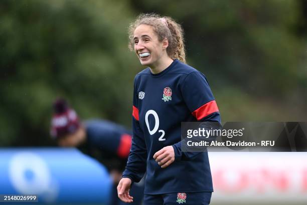 Abby Dow looks on during a England Red Roses Training Session at Pennyhill Park on April 09, 2024 in Bagshot, England.