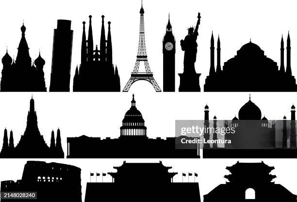 ilustraciones, imágenes clip art, dibujos animados e iconos de stock de siluetas de monumentos mundiales - barcelona