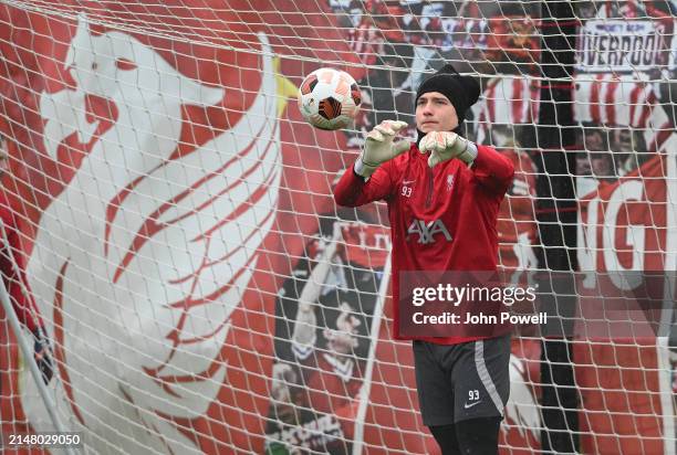 Fabian Mrozak of Liverpool during a training session at AXA Training Centre on April 09, 2024 in Kirkby, England.