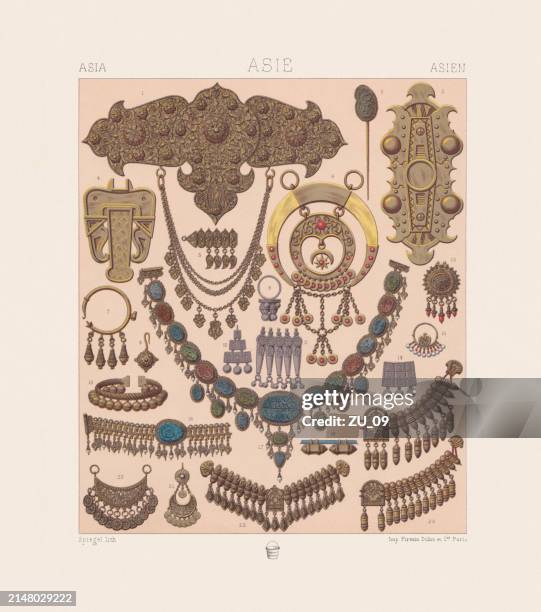 oriental jewelry, chromolithograph, published in 1888 - chain pendant stock illustrations