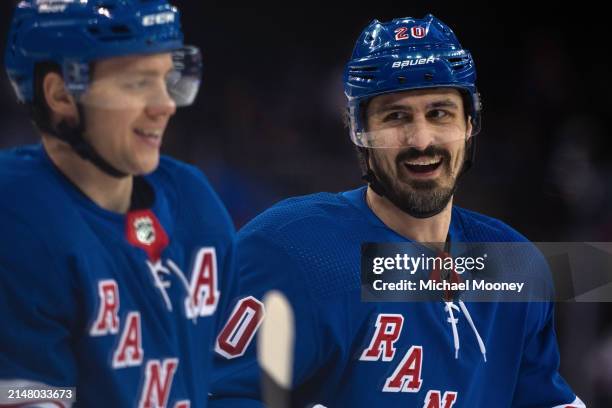 Chris Kreider of the New York Rangers skates during warmups prior to the game against the Philadelphia Flyers at Madison Square Garden on March 26,...