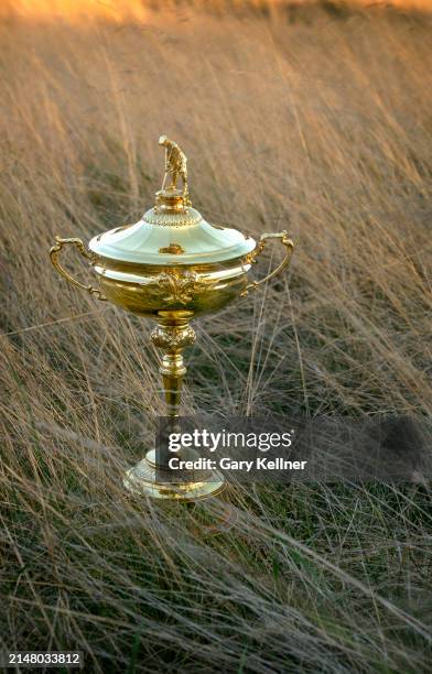 The Ryder Cup trophy is seen at the Bethpage Black Course host of the 2025 Ryder Cup on September 19, 2022 in Farmingdale, New York.