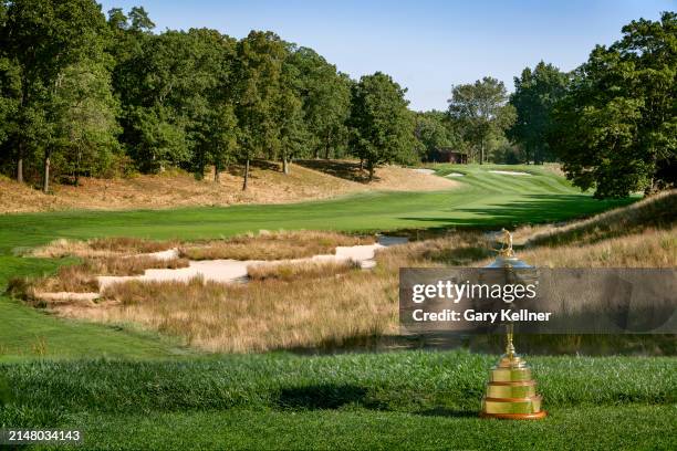 The Ryder Cup trophy is seen at the Bethpage Black Course host of the 2025 Ryder Cup on September 19, 2022 in Farmingdale, New York.