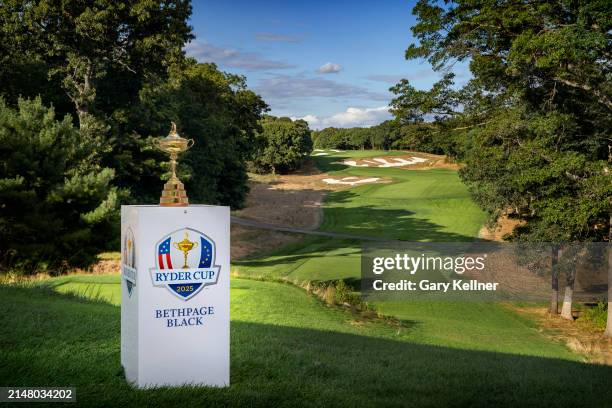 The Ryder Cup trophy is seen at the Bethpage Black Course host of the 2025 Ryder Cup on September 19, 2022 in Farmingdale, New York.