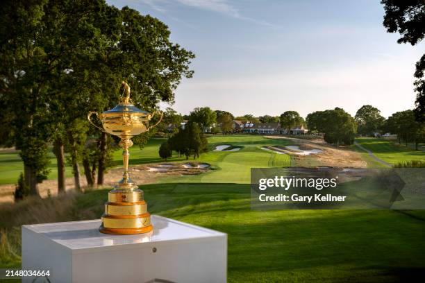 The Ryder Cup trophy is seen at the Bethpage Black Course host of the 2025 Ryder Cup on September 19, 2022 in Farmingdale, New York.