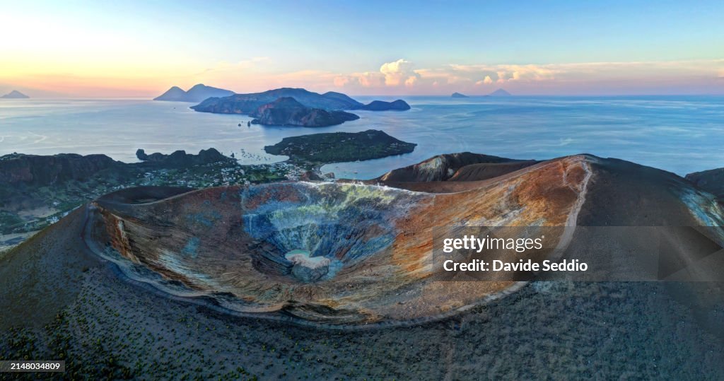 Aerial view of the crater of the volcano on the island of Vulcano