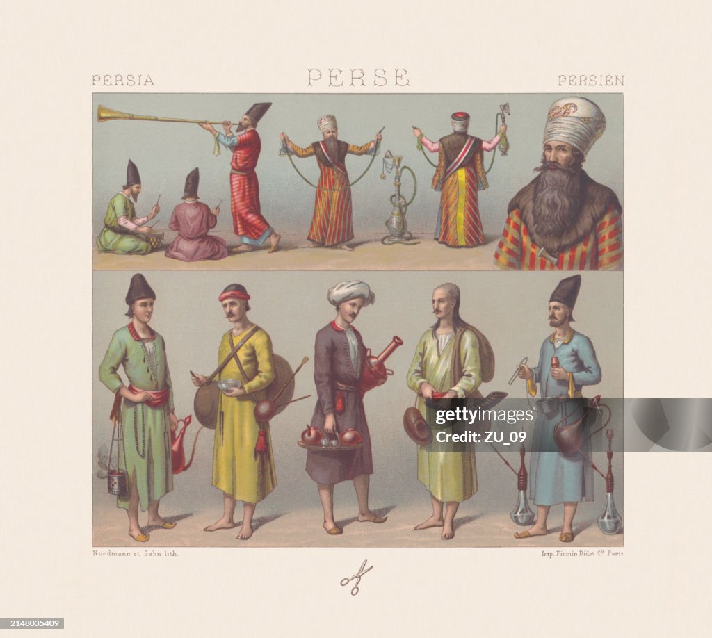 Traditional Persian clothing, officials and citizens, chromolithograph, published in 1888