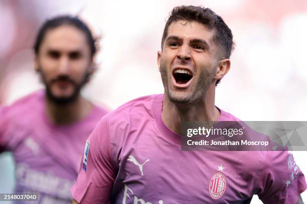 Christian Pulisic of AC Milan celebrates after scoring to give the side a 1-0 lead during the Serie A TIM match between AC Milan and US Lecce - Serie...