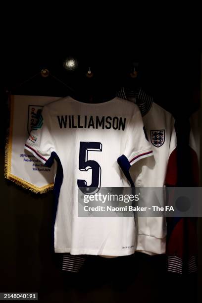 The shirt and match pennant of Leah Williamson is displayed inside the England dressing room prior to the UEFA Women's European Qualifier match...