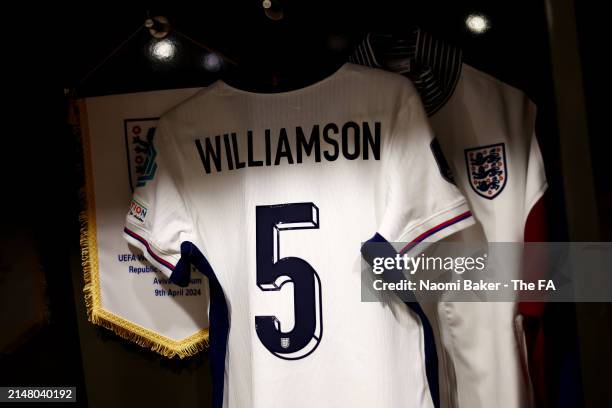 The shirt and match pennant of Leah Williamson is displayed inside the England dressing room prior to the UEFA Women's European Qualifier match...