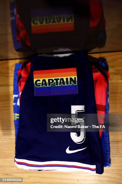 The Rainbow Captain's armband of Leah Williamson is seen inside the England dressing room prior to the UEFA Women's European Qualifier match between...