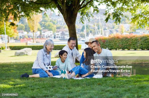 asian family relaxing in park - chinese canadian family stock pictures, royalty-free photos & images