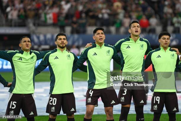 Team Mexico sings national anthem during the Concacaf Nations League final match between Mexico and USMNT at AT&T Stadium on March 24, 2024 in...