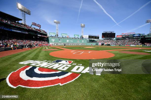 Opening day signage is displayed before a game between the Boston Red Sox and the Baltimore Orioles at Fenway Park on April 09, 2024 in Boston,...