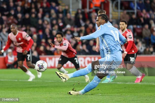 Haji Wright of Coventry City slips as he hits his penalty against the bar during the Sky Bet Championship match between Southampton FC and Coventry...