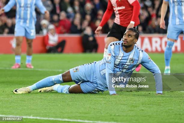 Haji Wright of Coventry City slips as he hits his penalty against the bar during the Sky Bet Championship match between Southampton FC and Coventry...