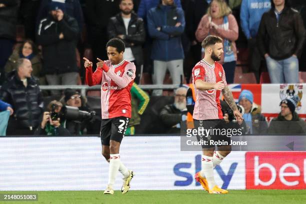 Kyle Walker-Peters of Southampton celebrates after h scores a goal to make it 1-0 during the Sky Bet Championship match between Southampton FC and...