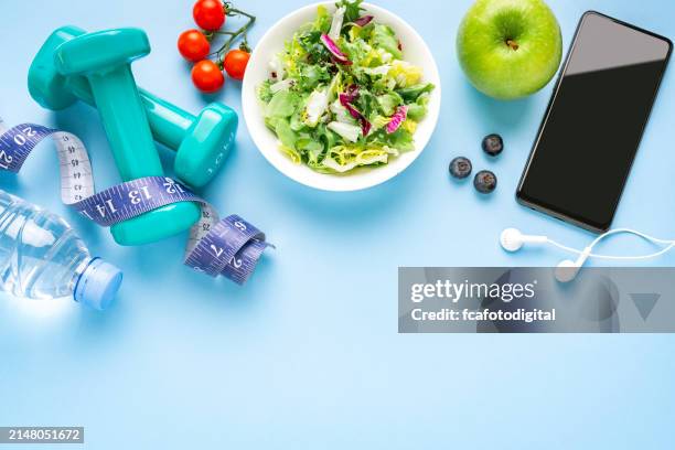 healthy food and exercising background. healthy lifestyle concept - wellness program stock pictures, royalty-free photos & images